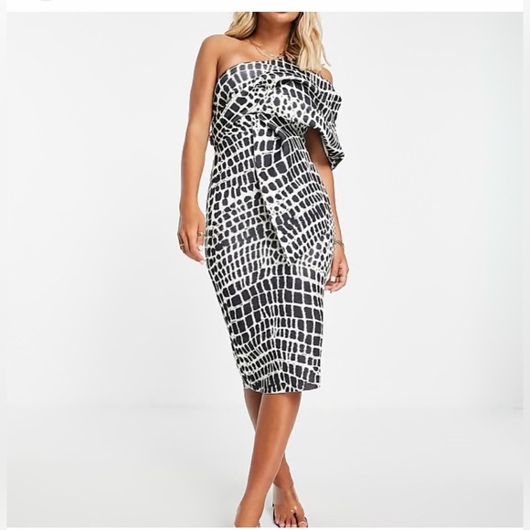 ASOS Dresses & Skirts - ASOS DESIGN Ribbed off-the-shoulder midi sheath dress  snake print size 2